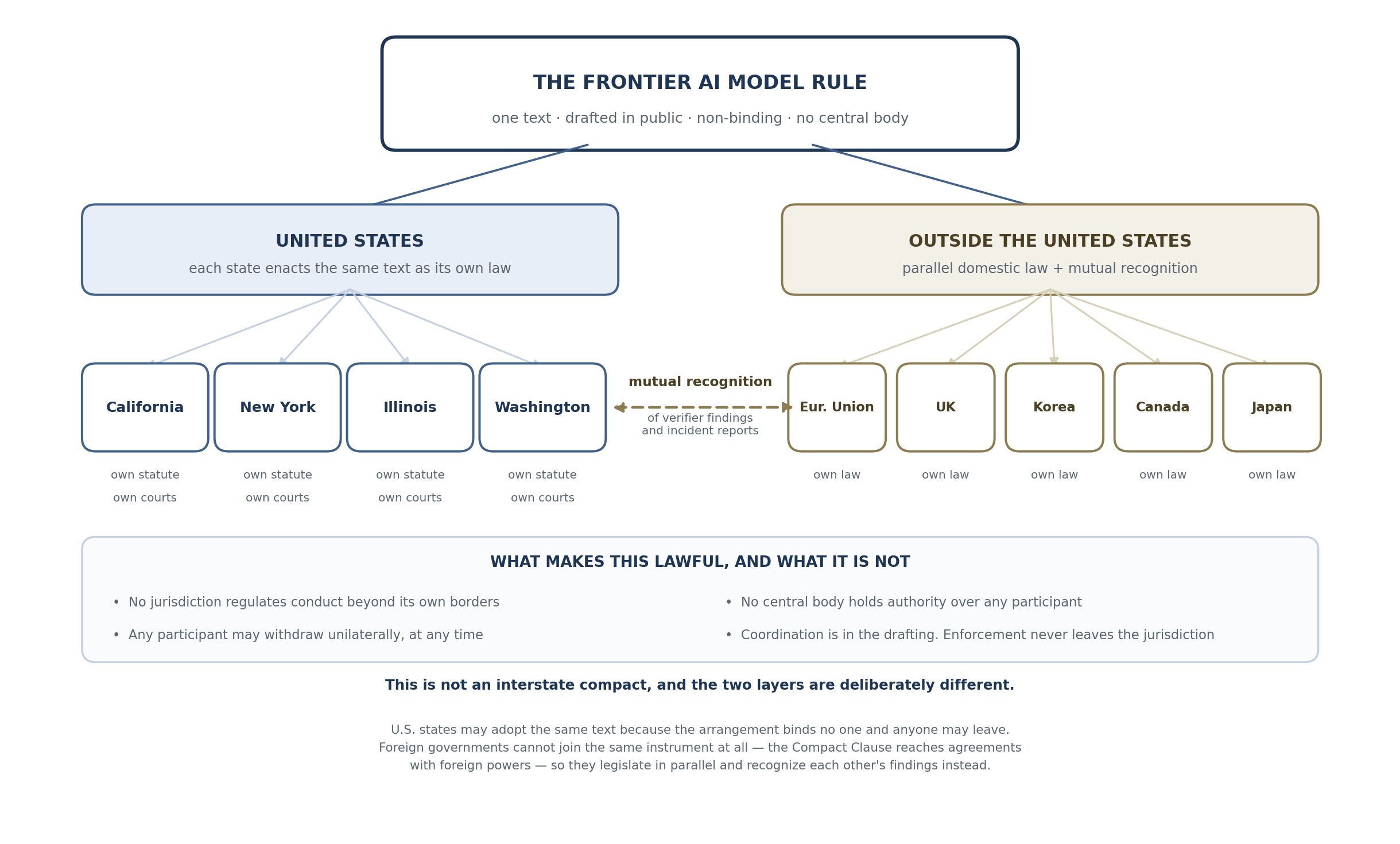 How the model rule works: one text, adopted independently, with the United States and non-United States layers deliberately structured differently.