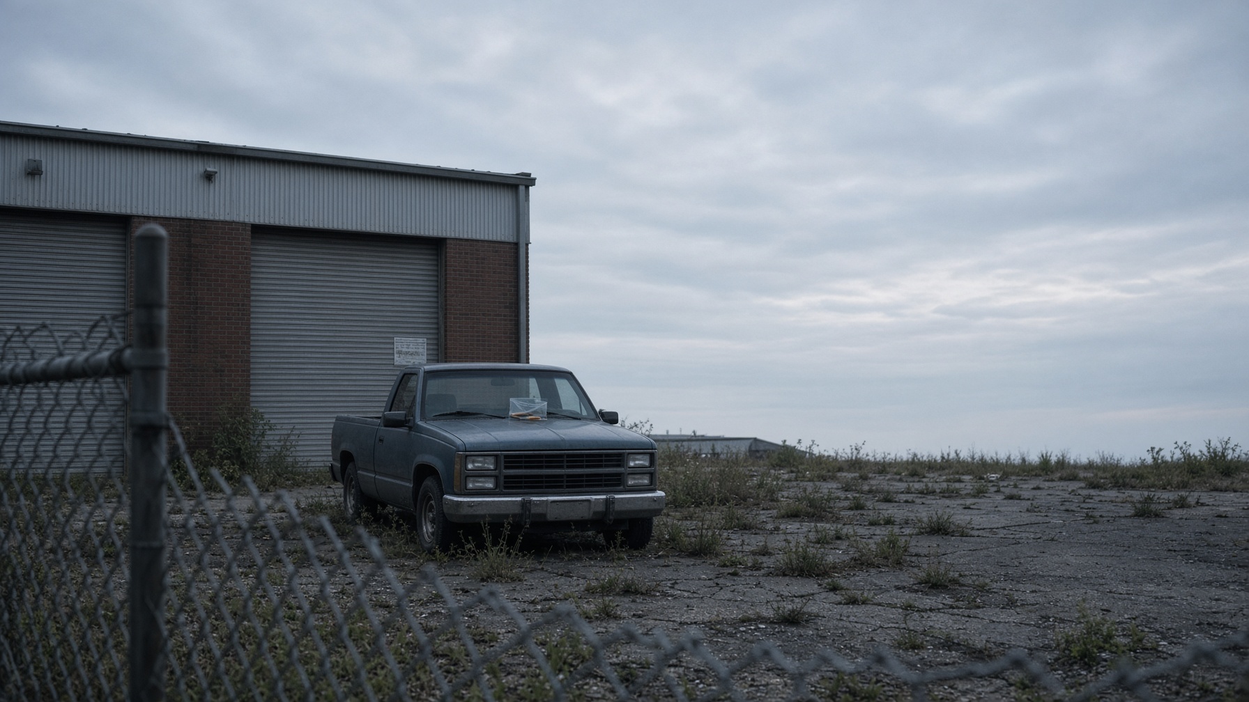 A shuttered machine shop at first light