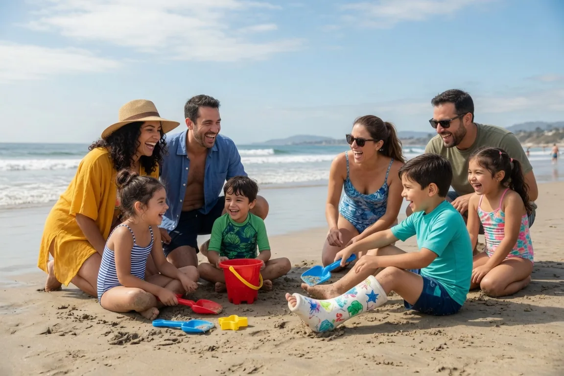 A family together outdoors on a bright day