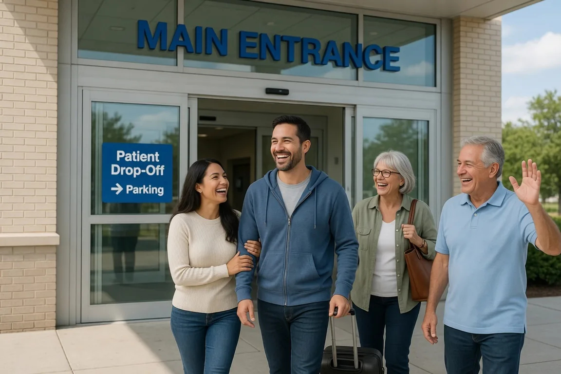 A family arriving together at a hospital entrance