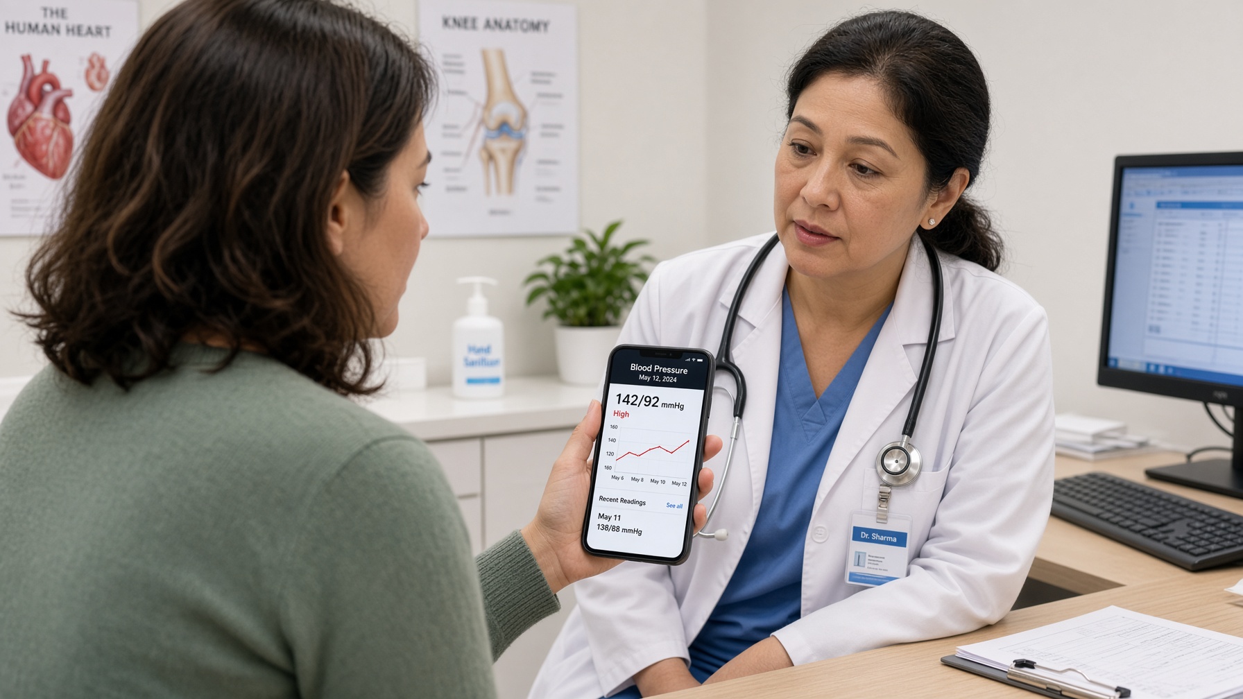 A patient shows her doctor a blood pressure trend on her phone during an appointment